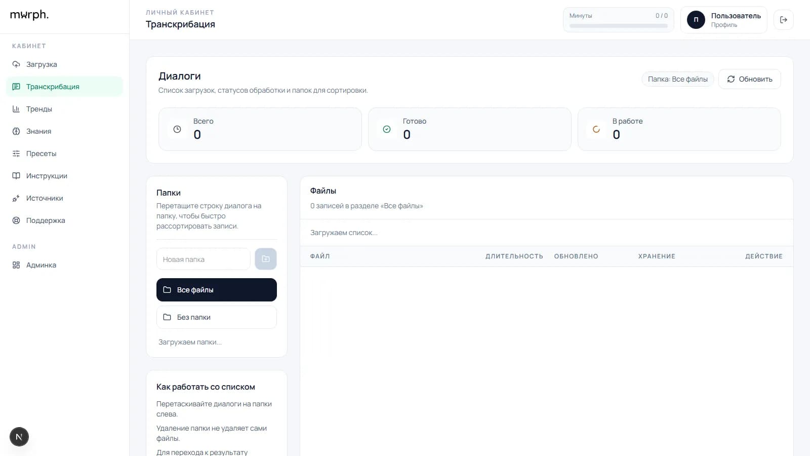 Список диалогов после импорта звонков в murph.